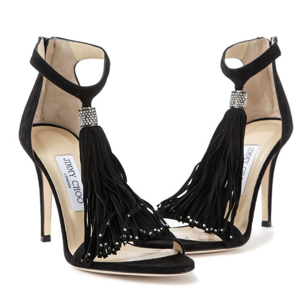 Jimmy Choo Viola Tassle Fringe Crystal Ankle Strap Sandal Heels Black Suede